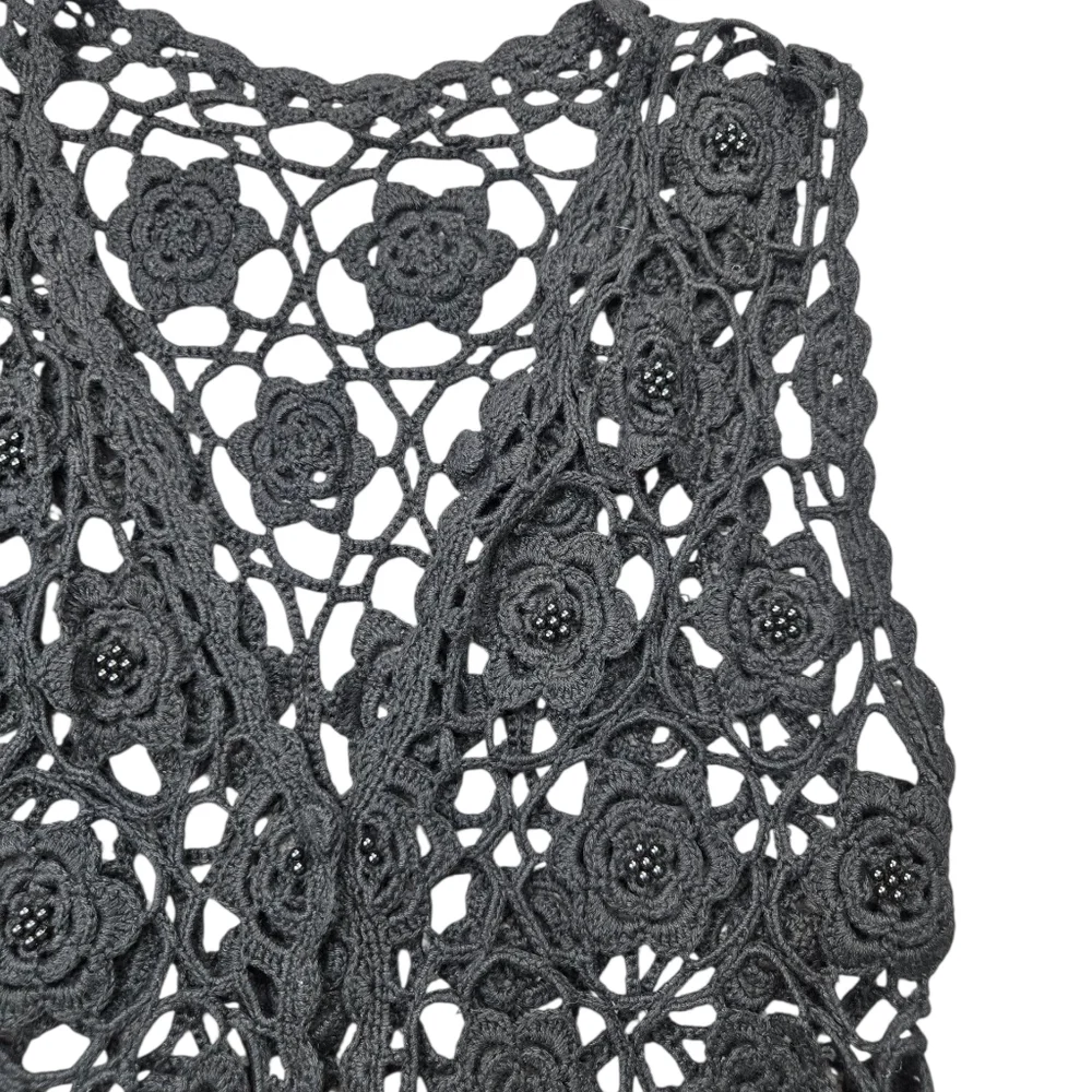 Vintage Crochet Beaded Black Vest Floral Handmade Cotton M L - Picture 3 of 7